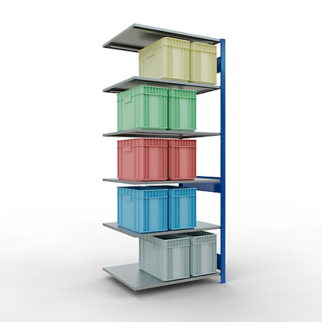 Een plank met vijf niveaus, waarop gekleurde dozen staan: geel, groen, rood, blauw en lichtgrijs.