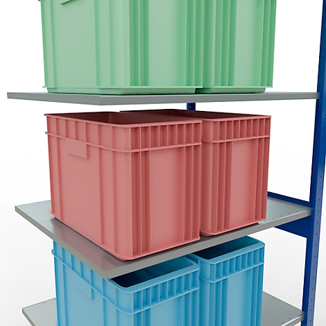 Rek met stapelbare plastic bakken in verschillende kleuren.