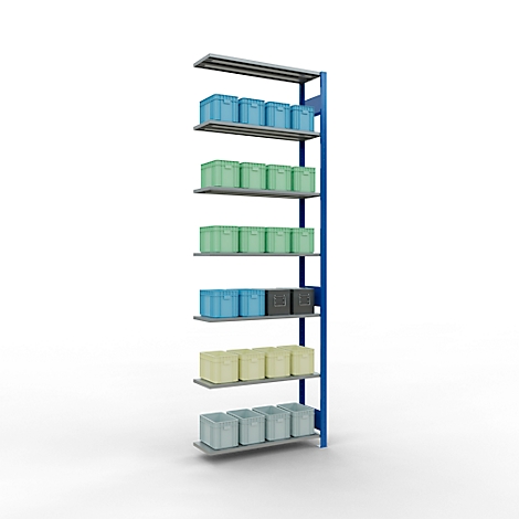 Blauw opslagrek met dozen in verschillende kleuren.