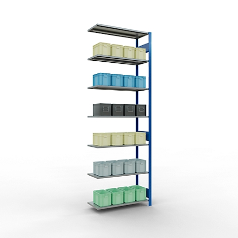 Een hoge opslagplank, blauw met grijs metaal. Op de planken staan dozen in verschillende kleuren: geel, blauw, grijs en groen.