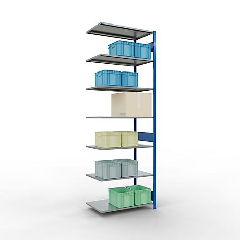 Rek met blauwe, lichtgele, groene dozen en een kartonnen doos. Metalen constructie met blauwe stutten.