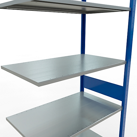 Metalen plank met drie grijze planken en blauwe steunen tegen een witte achtergrond.