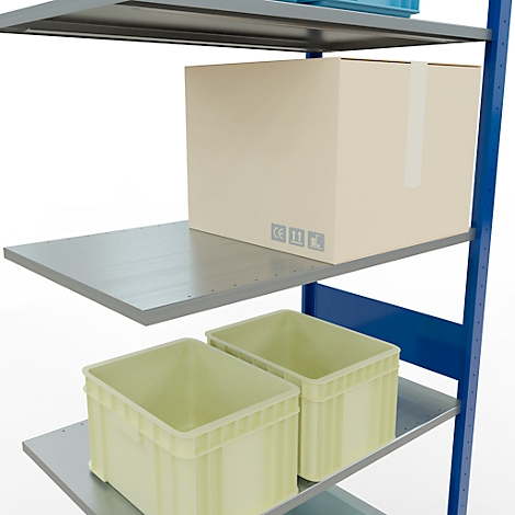 Stelling met dozen en bakken. Blauwe bovenkant, beige doos eronder, twee gelige bakken eronder. Blauw frame.