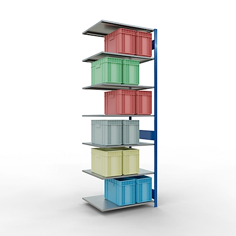 Opslagrek met gekleurde dozen. Boven: rood, groen, rood, grijs, geel, blauw.