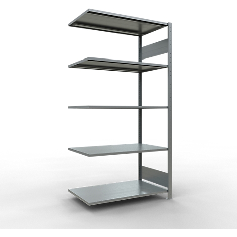 Een grijs metalen rek met vijf planken. De achtergrond is wit.