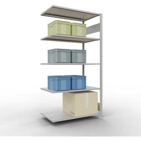 Metalen plank met plastic dozen en een kartonnen doos. Twee groene dozen bovenop, twee grijze en blauwe eronder. Een beige kartonnen doos onderaan.