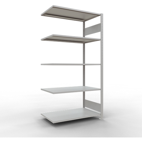 Grijs, vrijstaand rek met vijf niveaus en een rechthoekig ontwerp. Op een witte achtergrond.