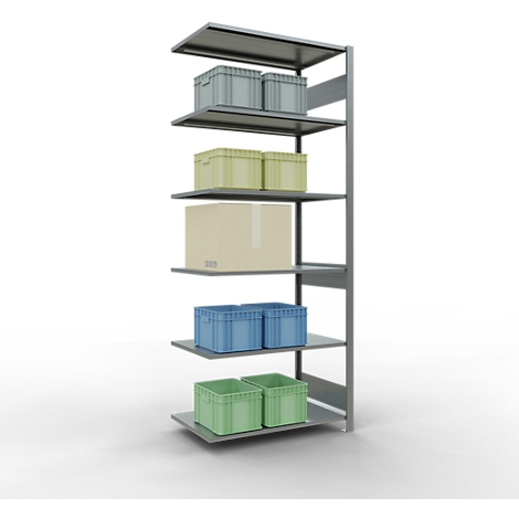 Grijze stellingkast met meerdere niveaus. Het bevat grijze, groene, blauwe kratten en een kartonnen doos.