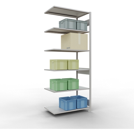 Grijs rek met blauwe, groene en beige dozen. Een beige doos staat in het midden.