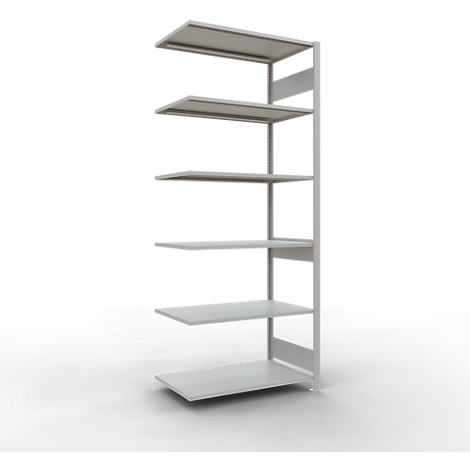 Grijs rek met meerdere horizontale planken, tegen een witte achtergrond.