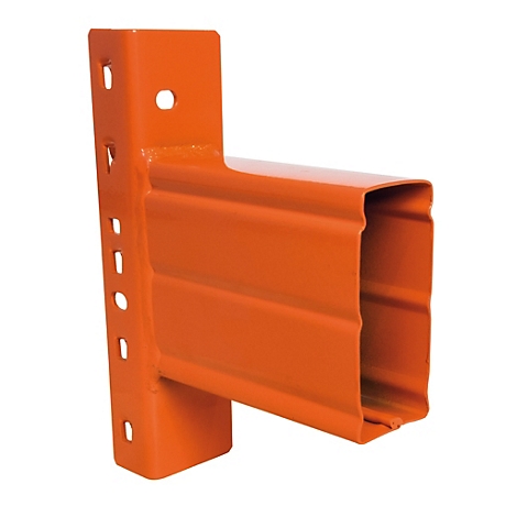 Orange metal corner bracket, with holes and rectangular cross-section.