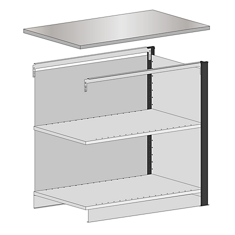 Exploded weergave van een plank met drie planken. Daarboven een losse plank.