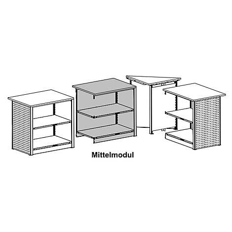 Mehrere weiße Ladenregale in verschiedenen Designs. Die Regale haben zwei oder drei Ebenen und sind mit perforierten Seitenwänden versehen. Der Text "Mittelmodul" ist unter dem Bild.
