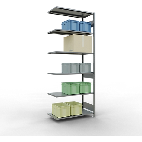 Grijs rek met meerdere planken, beladen met blauwe, gele, grijze en groene dozen.