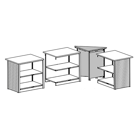 Plusieurs éléments d'étagères blancs avec des parois perforées, dont un module d'angle, disposés. Texte : Module d'angle.