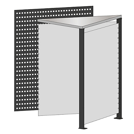 Abribus gris avec panneau arrière perforé et toit triangulaire.