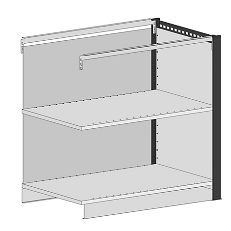 Étagère avec deux étagères, une tringle et des supports latéraux, en gris clair.