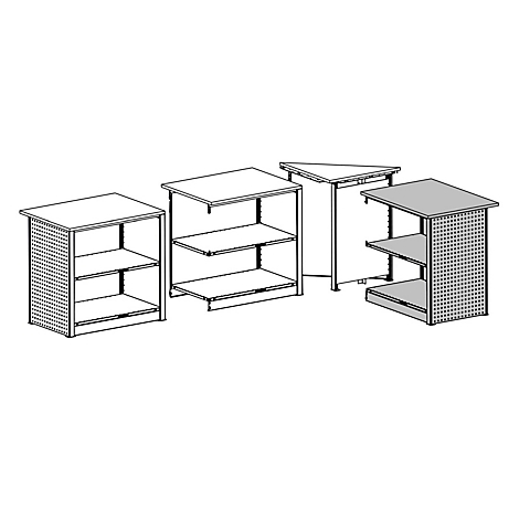 Plusieurs étagères de magasin blanches de différentes formes et tailles, avec le mot "Endmodule" en dessous.
