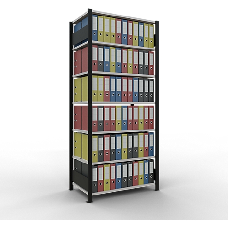 Schulte Lagertechnik MultiPlus150 insteekbaar kantoorrek, basisrek, 7 legborden, met middenaanslag, B 1000 x D 600 x H 2300 mm, zwart/lichtgrijs