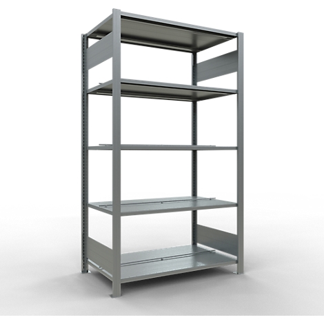 Schulte Lagertechnik MultiPlus150 klemloze kantoorstelling, basisrek, 5 legborden, met middenaanslag, B 1000 x D 600 x H 1800 mm, zilvergrijs/verzinkt