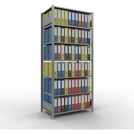 Schulte Lagertechnik MultiPlus150 klemloze kantoorstelling, basisrek, 7 legborden, met middenaanslag, B 1000 x D 600 x H 2300 mm, zilvergrijs/verzinkt