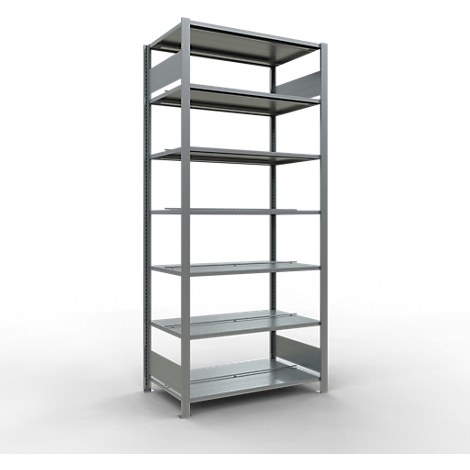 Schulte Lagertechnik MultiPlus150 klemloze kantoorstelling, basisrek, 7 legborden, met middenaanslag, B 1000 x D 600 x H 2300 mm, zilvergrijs/verzinkt