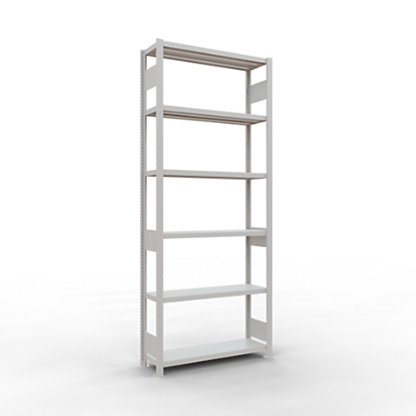 Grijs vrijstaand rek met vijf planken op witte achtergrond.