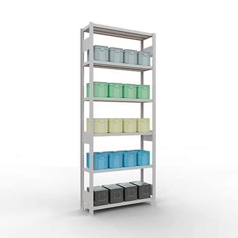 Stelling met gekleurde dozen in verschillende kleuren. Grijs metalen rek op een witte achtergrond.