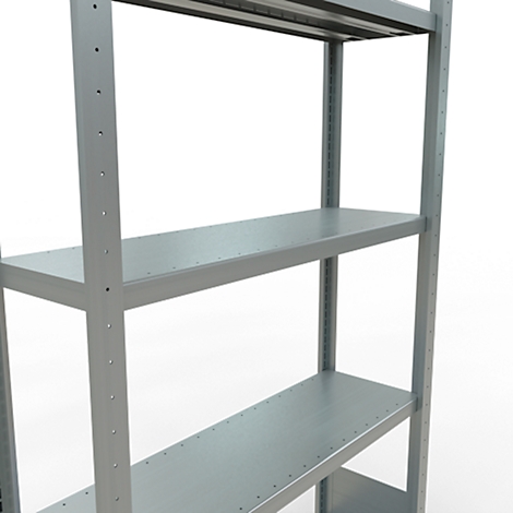 Stalen stellingkast met vier niveaus; lichtgrijze kleur.