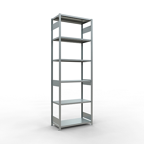 Grijs metalen rek met vijf niveaus, tegen een witte achtergrond.