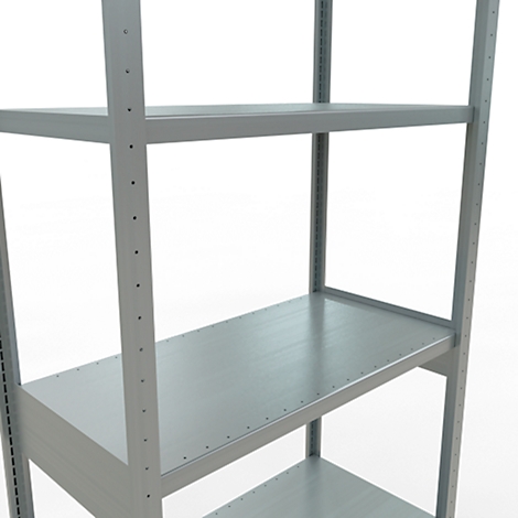 Zilveren metalen plank. Vier planken en verticale steunen.