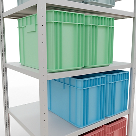 Rek met plastic dozen in verschillende kleuren, gerangschikt op meerdere niveaus.