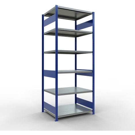 Een metalen plank met 5 grijze planken en een blauw frame. De achtergrond is wit.