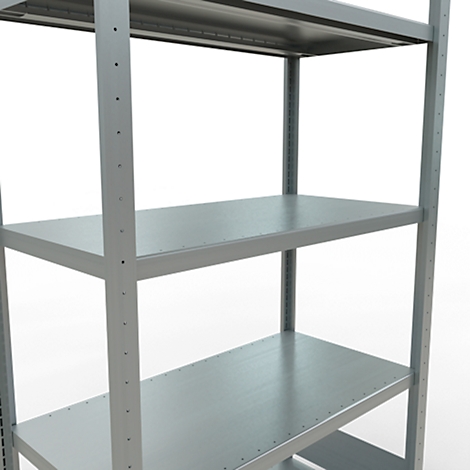 Grijs metalen rek met vier planken. Verticale steunen verbinden de niveaus.