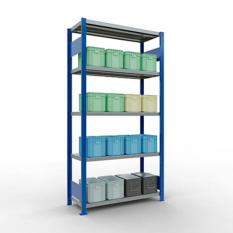 Een blauw-zilveren rek met plastic dozen in verschillende kleuren, tegen een witte achtergrond.