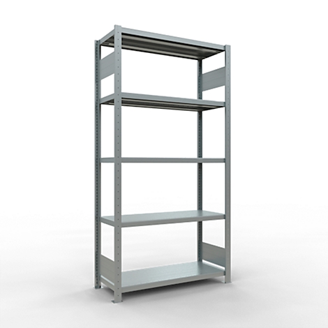 Grijs metalen rek met vijf planken, geïsoleerd op een witte achtergrond.