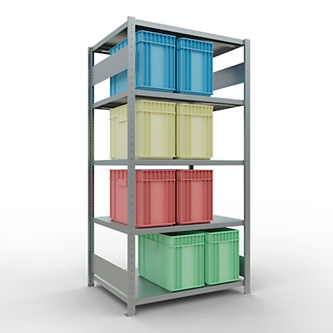 Een metalen schap met vier niveaus gevuld met blauwe, gele, rode en groene plastic dozen.