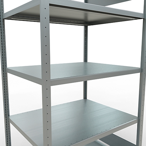 Metalen rek met vier planken, zicht van onderaf. De grijze planken zijn verbonden door metalen stutten.