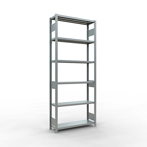 Grijze metalen plank met zes planken tegen een witte achtergrond.