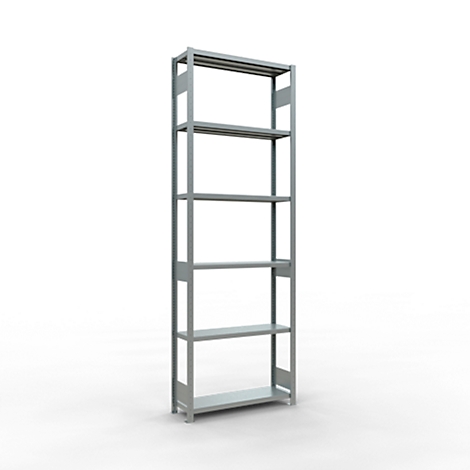 Een zilveren stellingkast met meerdere niveaus tegen een witte achtergrond.