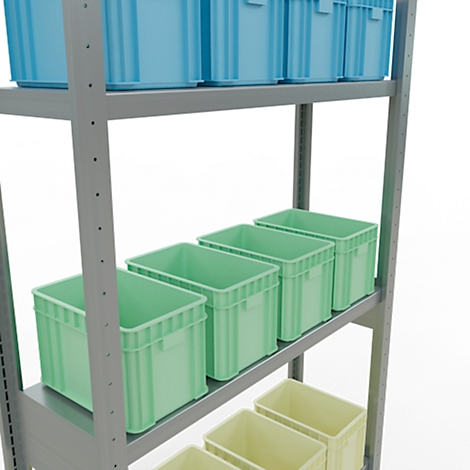 Een metalen plank met meerdere blauwe, groene en gele plastic dozen.