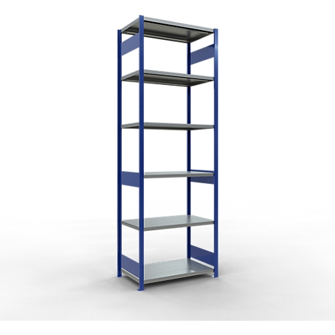 Een metalen schap met een blauw frame en grijze planken. Het heeft vijf niveaus en staat tegen een witte achtergrond.