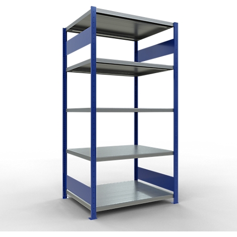 Een grijze metalen plank met vier niveaus, blauw geschilderde verstevigingen en staanders, tegen een witte achtergrond.