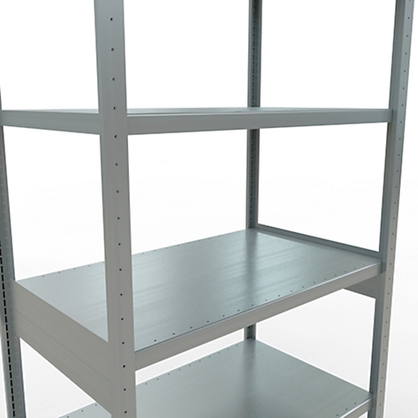 Estantería de metal gris con varios estantes. Superficie gris claro con tornillos visibles. La estantería se encuentra frente a un fondo blanco.