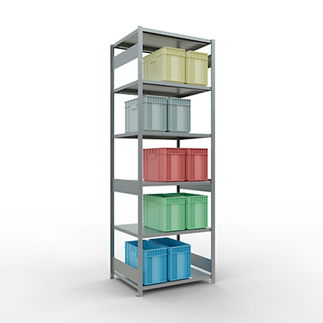 Estantería metálica gris con cinco niveles, surtida con cajas de colores: amarillo, azul claro, rojo, verde y azul oscuro.