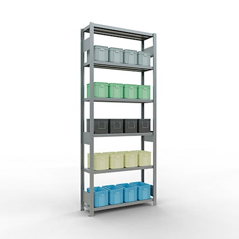 Estantería de almacenamiento gris con varios estantes. En cada estante hay cajas de diferentes colores.