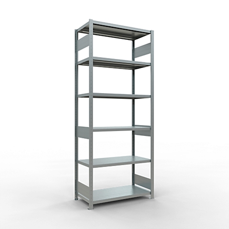 Estantería metálica gris con cinco estantes, aislada sobre fondo blanco.