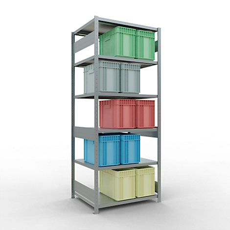 Estantería gris con cinco niveles, llena de cajas verdes, azules, rojas y amarillas.