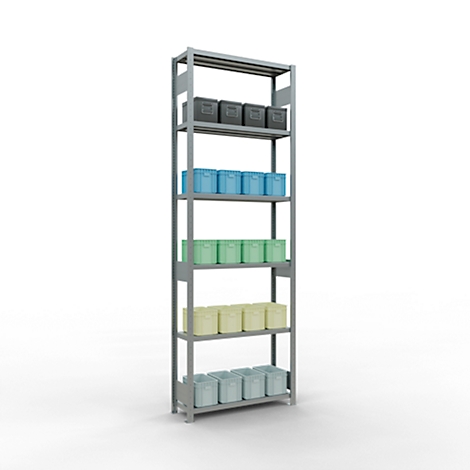 Estantería gris con cajas de diferentes colores dispuestas uniformemente en los estantes.