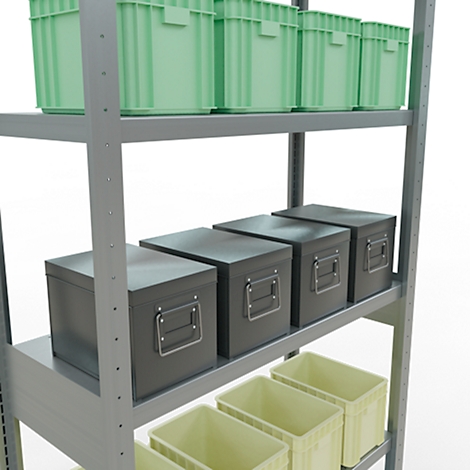 Estantería metálica con cajas de diferentes colores y tamaños: cajas verdes, grises y beiges.